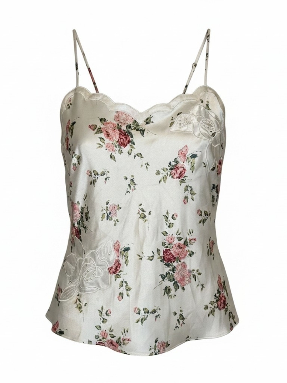 Victoria's Secret White Floral Satin Chemise with Pink Rose Print Sleepwear slip